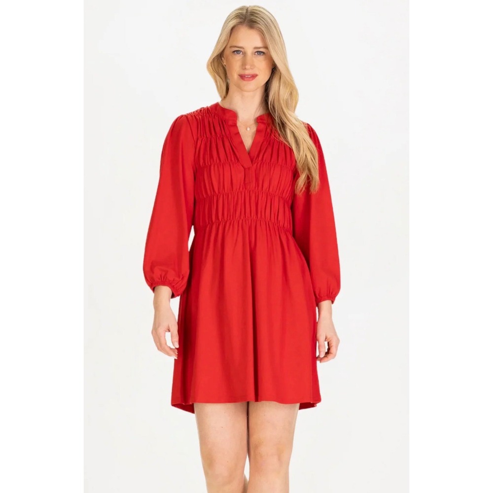 Duffield Lane Hyacinth Dress Women XS Red Smocked Puff Sleeve Preppy Holiday BN